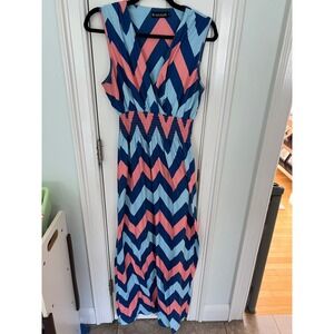 Kranda Chevron Maxi Dress Blue Coral Pink Smocked Waist V-Neck Sleeveless XL